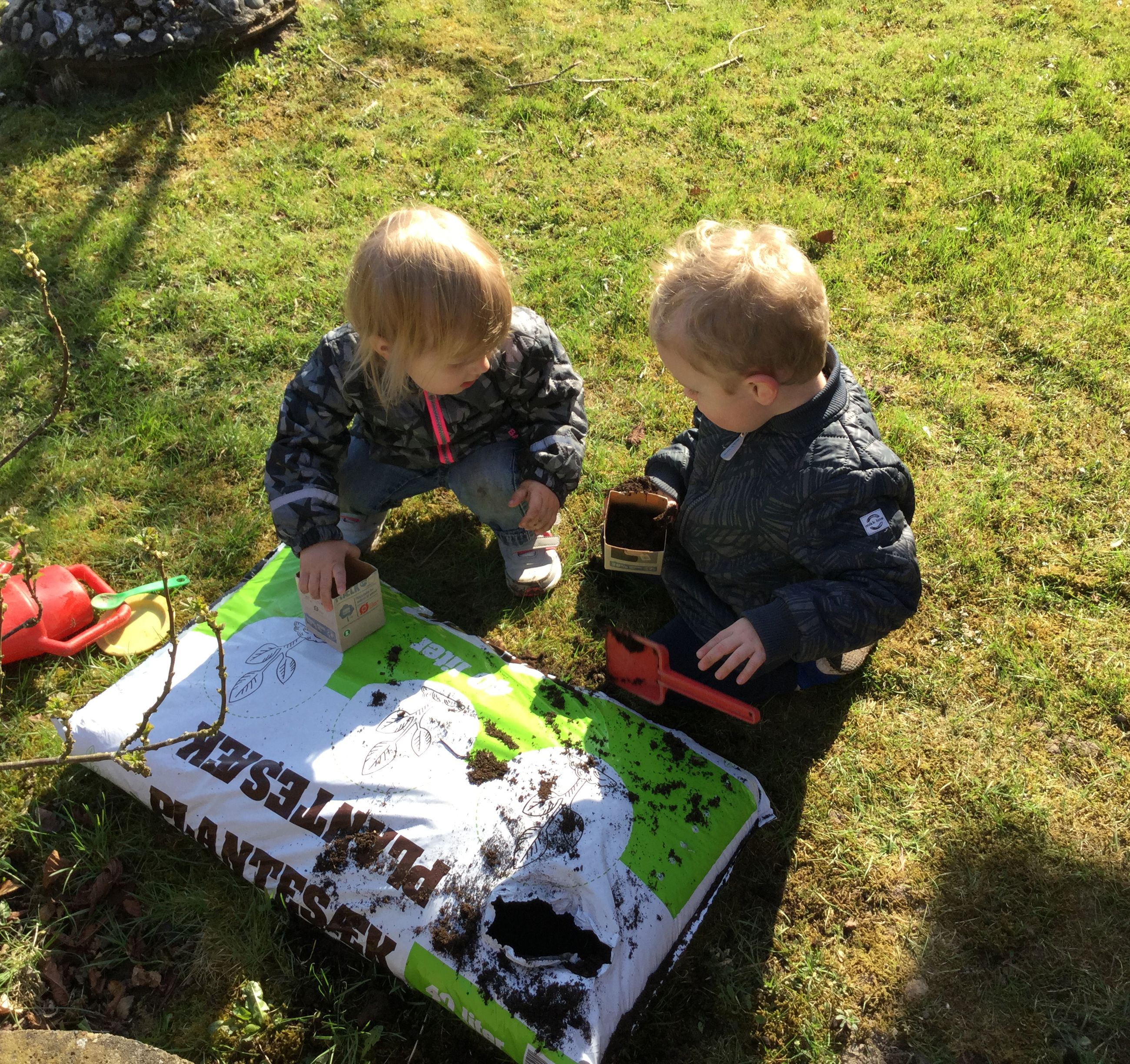 Børn leger med jord i Børnehuset Svalereden