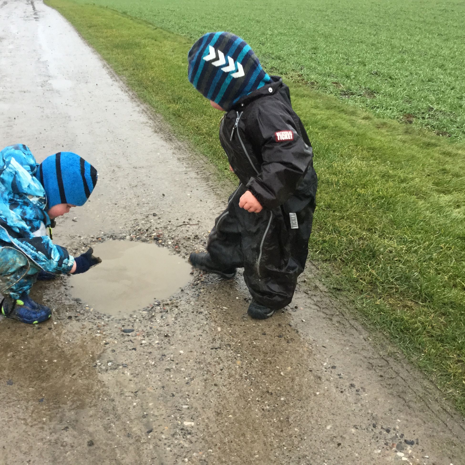 Børn leger ved vandpyt i Børnehuset Svalereden